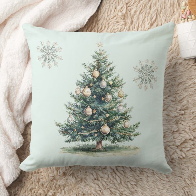 Coussin Crème verte rustique Noëls de Noël Arbre de neige (Couverture)