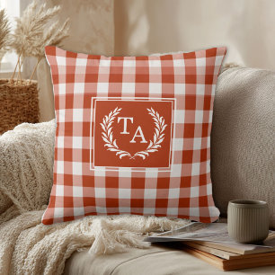 Coussin Crête de monogramme à carreaux orange-rouge