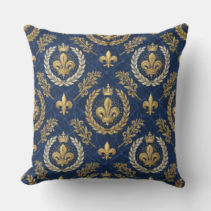 Coussin Crête dorée motif damassé royal bleu velours Desig