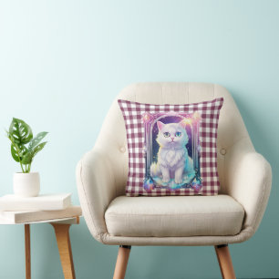 Coussin Cristal Chat Violet Noir Plaid Cute Blanc Kitten