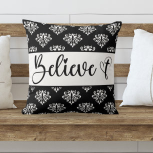 Coussin Croire moderne Script noir blanc Damask Christian