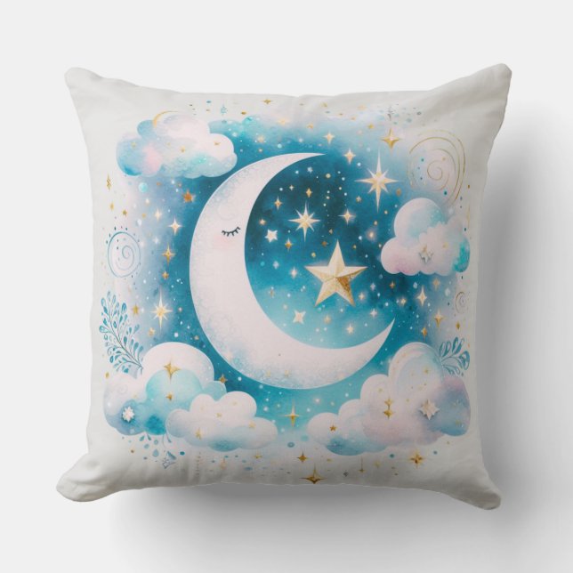 Coussin Croissant de Lune Céleste Bleu et Blanc Bohème Mod (Recto)
