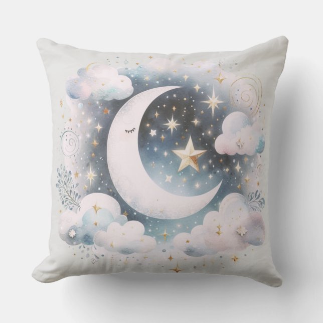 Coussin Croissant de Lune Céleste Bleu et Blanc Bohème Mod (Recto)
