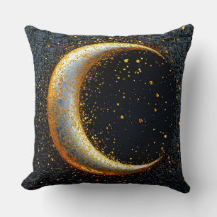 Coussin Croissant de lune doré entouré d'étoiles scintilla
