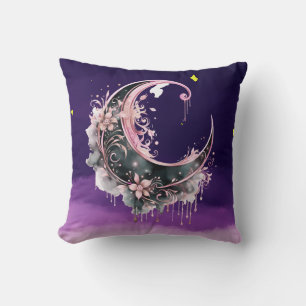 Coussin Croissant de lune noir et rose étoilé Halloween