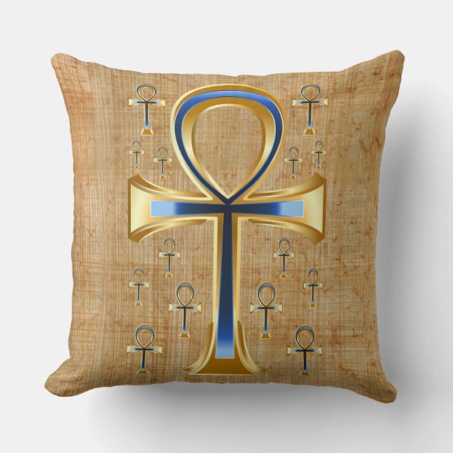 Coussin Croix ansée égyptienne - Dessin or et bleu (Recto)