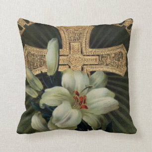 Coussin Croix chrétienne en or Lys de Pâques