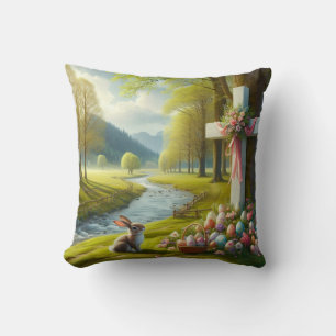 Coussin Croix de Pâques avec lapin et oeufs