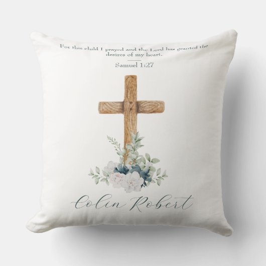Coussin Croix en bois Fleurs blanches et bleues Verset bib (Recto)