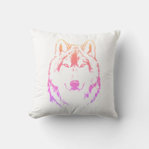 Coussin Croquis de tête de tête de loup jaune rose pourp