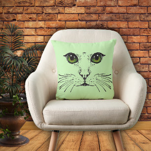 Coussin Croquis de visage de chat Deep Green Eyes long Whi