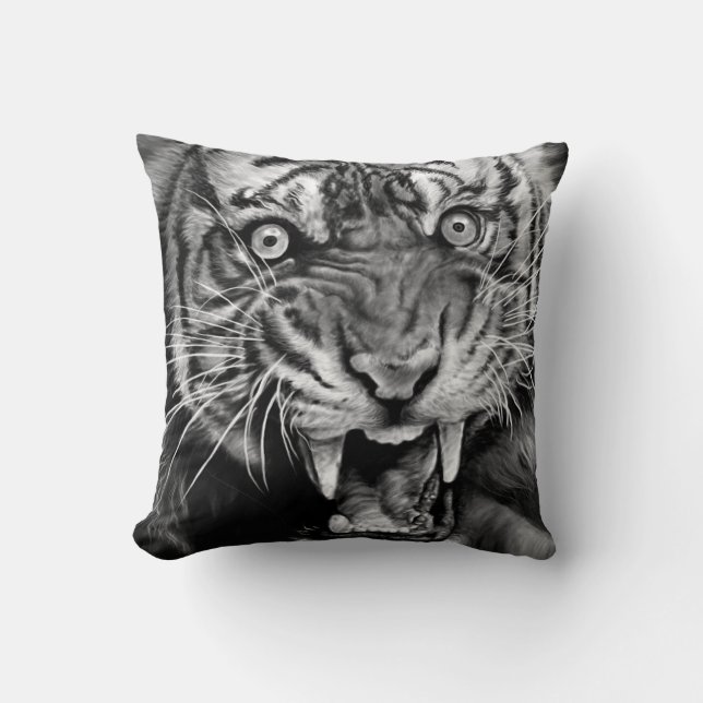 Coussin Croquis d'un tigre sauvage en noir et blanc, white (Recto)