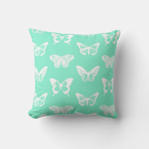 Coussin Croquis papillon, aqua et blanc