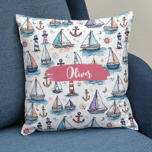 Coussin Croquis rêveurs de voiliers, d'ancres et de phares
