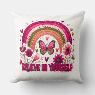 Coussin Croyez en vous-même Arc-en-ciel fleurs papillon Bo
