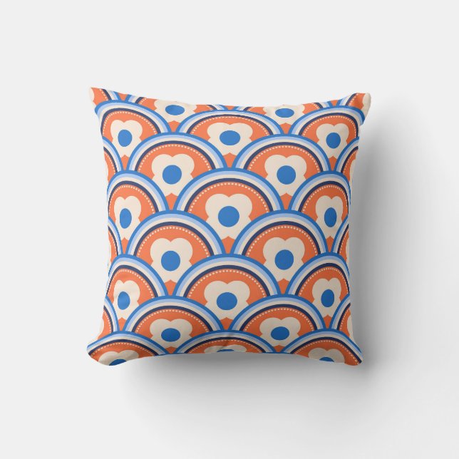 Coussin Crush d'Abricot, Vagues Rétro Bleues et Fleurs (Recto)