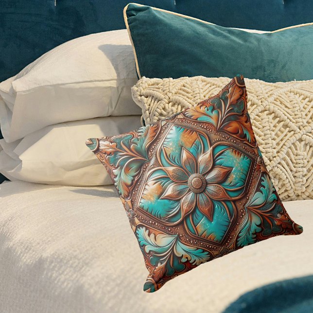 Coussin Cuir à outils en cuir de l'Ouest (Western Tooled Leather Print Turquoise Copper Throw Pillow)