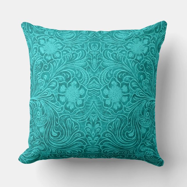 Coussin Cuir bleu turquoise en daim look Floral Design (Recto)
