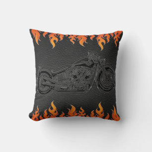 Coussin Cuir Noir Flammes Orange Feu Chaud Moto