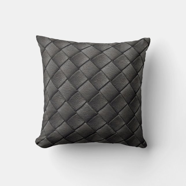 Coussin Cuir noir tressé : Texture Vintage (Recto)