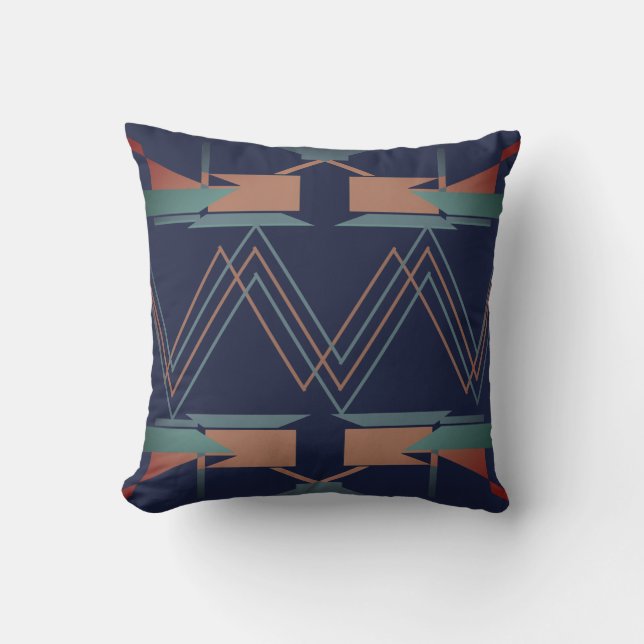 Coussin Cuivre turquoise sur bleu marine Zig-zag Sud-ouest (Recto)