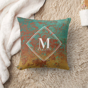 Coussin Cuivre Turquoise Texture métallique Monogramme ini