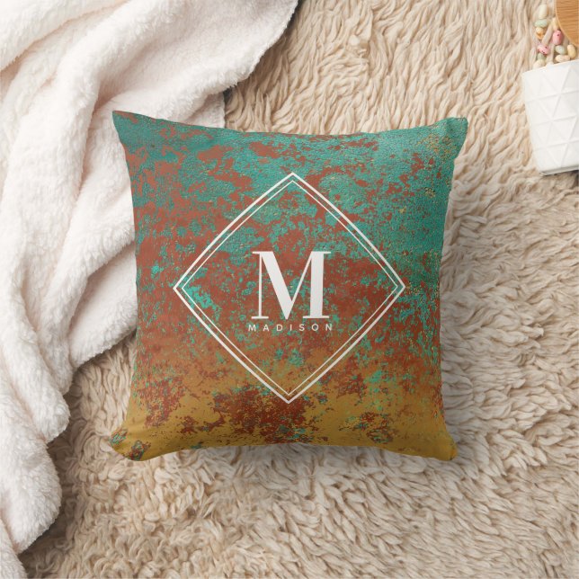 Coussin Cuivre Turquoise Texture métallique Monogramme ini (Couverture)