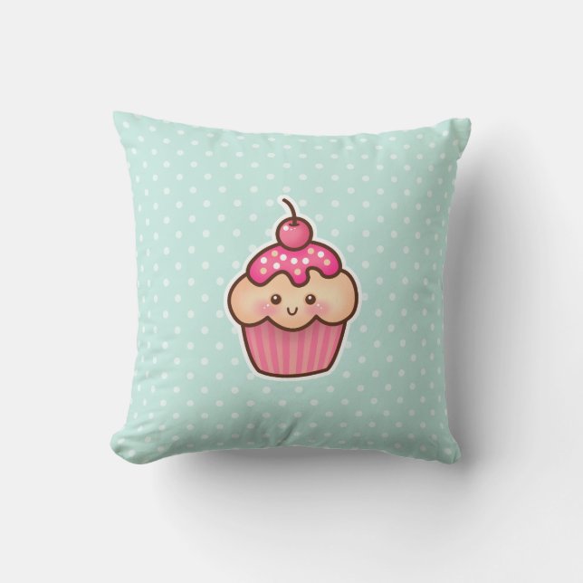 Coussin Cupcake rose Kawaii et Pois bleu Mint (Recto)