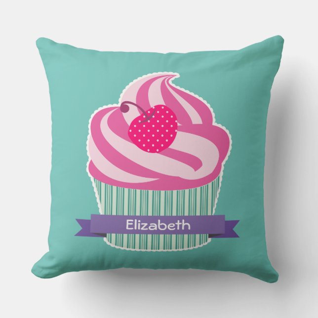 Coussin Cupcake rose personnalisé avec cerise Pointe Polka (Recto)