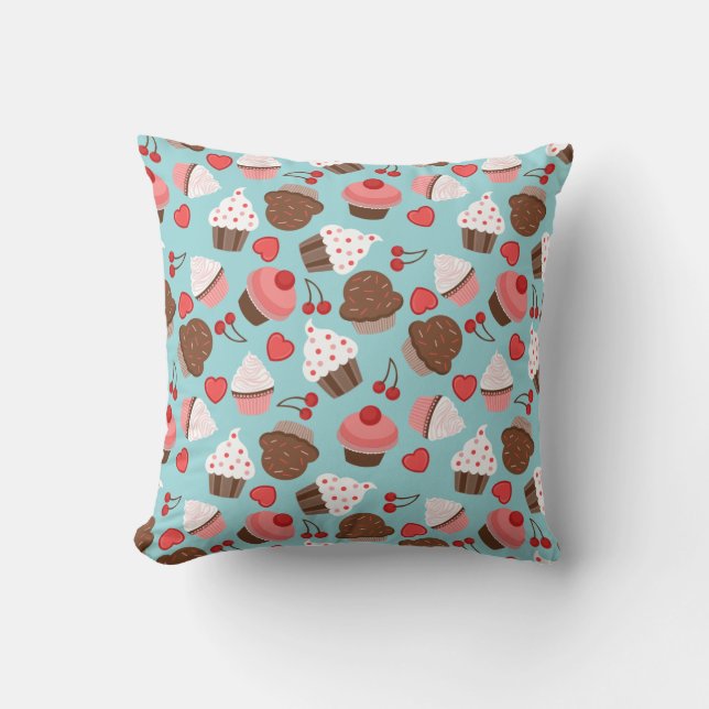 Coussin Cupcakes, Coeurs Et Cerises Bleus Et Roses (Recto)