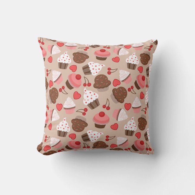 Coussin Cupcakes, Coeurs Et Cerises Brown Et Roses (Recto)