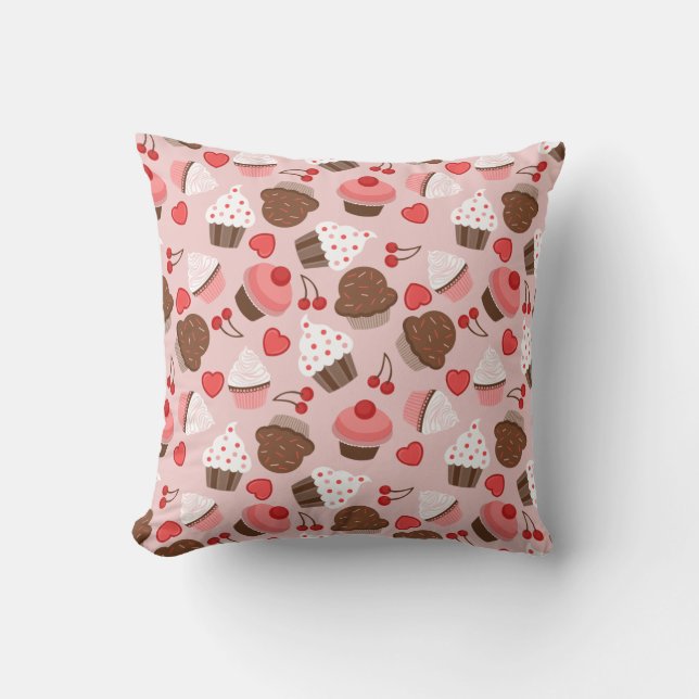 Coussin Cupcakes, Coeurs Et Cerises Rose Cute Motif (Recto)