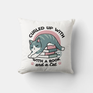 Coussin Curieux avec un livre et un chat - Lecture confort