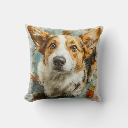 Coussin Curieux Corgi Regard d'Automne (Recto)