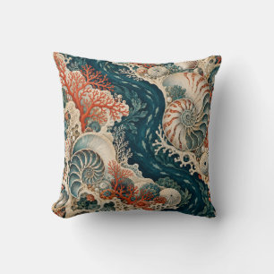 Coussin Curiosités de corail sarcelle nautile océan