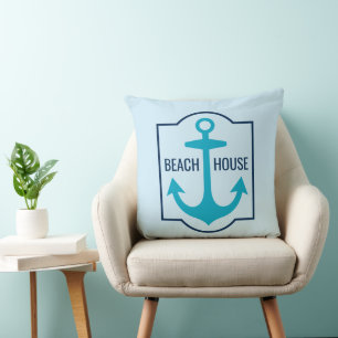 Coussin Custom Beach House Turquoise et Navy Blue Ancre