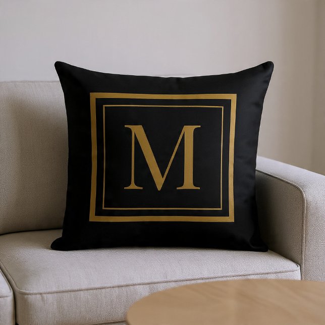 Coussin Custom Black & Gold Framed Monogram Throw Pillow (Créateur téléchargé)
