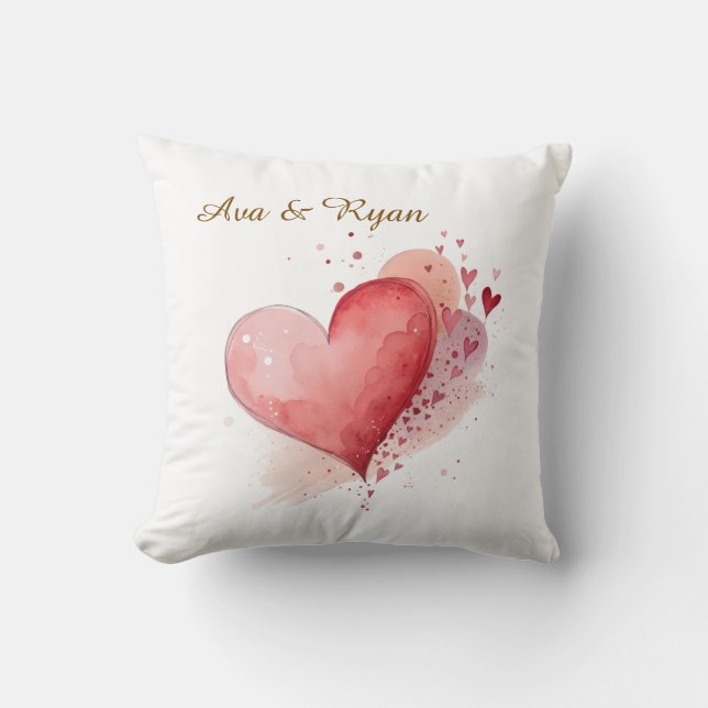 Coussin Custom Couple Name Watercolour Hearts Pillow Cover (Recto)