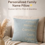 Coussin Custom Grandchildren Names Stylish Rustic Sage<br><div class="desc">Celebrate family love with this Custom Grandchildren Names Stylish Rustic Sage Throw Pillow design. Featuring elegant script text and personalized names, this cozy and meaningful decor piece is perfect for grandma, grandpa, or any proud grandparent. A beautiful gift for birthdays, Mother’s Day, Christmas, or family home decor that adds warmth...</div>