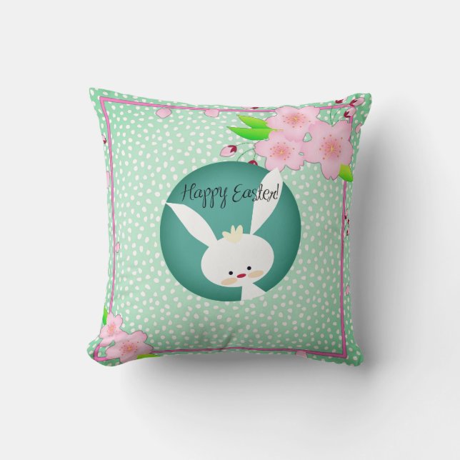 Coussin Customisé HAPPY EASTER rustique Bunny Turquoise Bl (Recto)