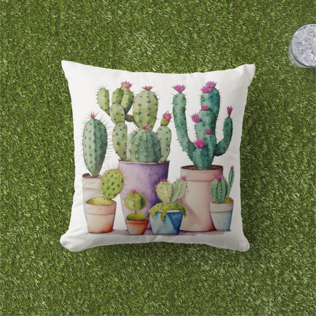 Coussin Cute aquarelle cactus succulents dans les pots (Herbe)