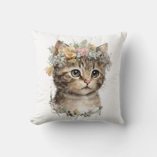 Coussin Cute Aquarelle Floral Kitten