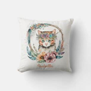 Coussin Cute Aquarelle Florale Chat Boho