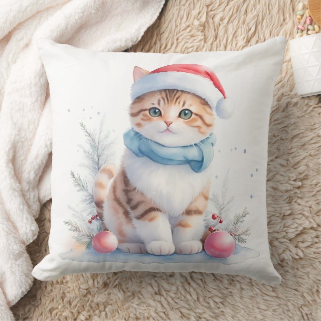 Coussin Cute aquarelle Noël Père Noël Chat (Couverture)