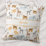 Coussin Cute Baby Safari Animal Aquarelle Nom Personnalisé<br><div class="desc">Un petit lion,  girafe,  tigre,  zèbre et motif safari animal à l'aquarelle,  idéal pour les petits amoureux des animaux. Art original de Nic Squirrell. Modifiez le nom pour personnaliser. Fait un joli cadeau pour un nouveau bébé.</div>