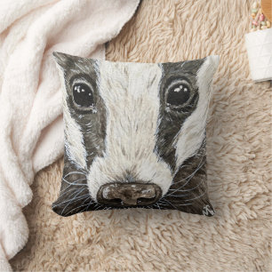 Coussin Cute Badger Wildlife Portrait d'aquarelle