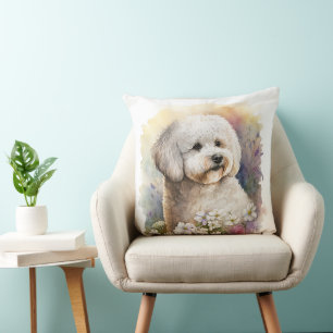 COUSSIN CUTE BICHON FRISE PUPPING CHIEN AVEC FLEUR SAUVAGE