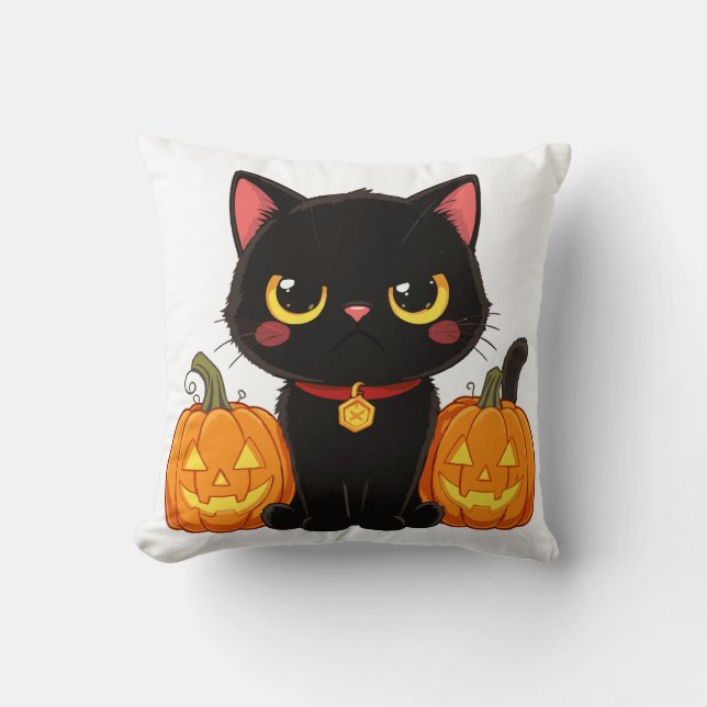 Coussin Cute Black Cat and Pumpkins Halloween (Recto)