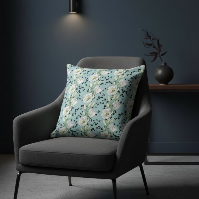 Coussin Cute Bleu Whimsical Noir et Blanc Patten Floral (Créateur téléchargé)