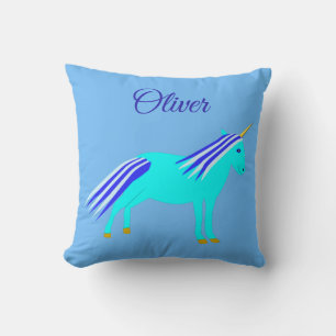 Coussin Cute Blue Baby Boy Unicorn Nom personnalisé